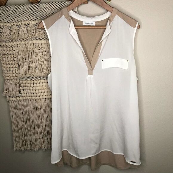Calvin Klein Cream Tan Mixed-Media Blouse XL - Picture 2 of 9